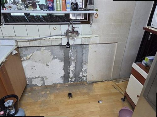 가평 누수탐지 싱크대 하부 배관과 벽면 누수 흔적을 점검하는 모습